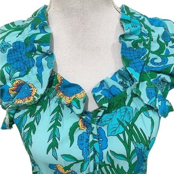 Figue Gianna drawstring ruffle top blouse self tie tassel floral turquoise sz xs - Picture 5 of 14